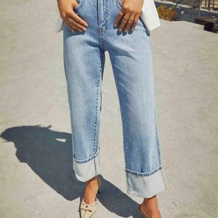Ladies Rolled Hem Straight Leg Denim Pants