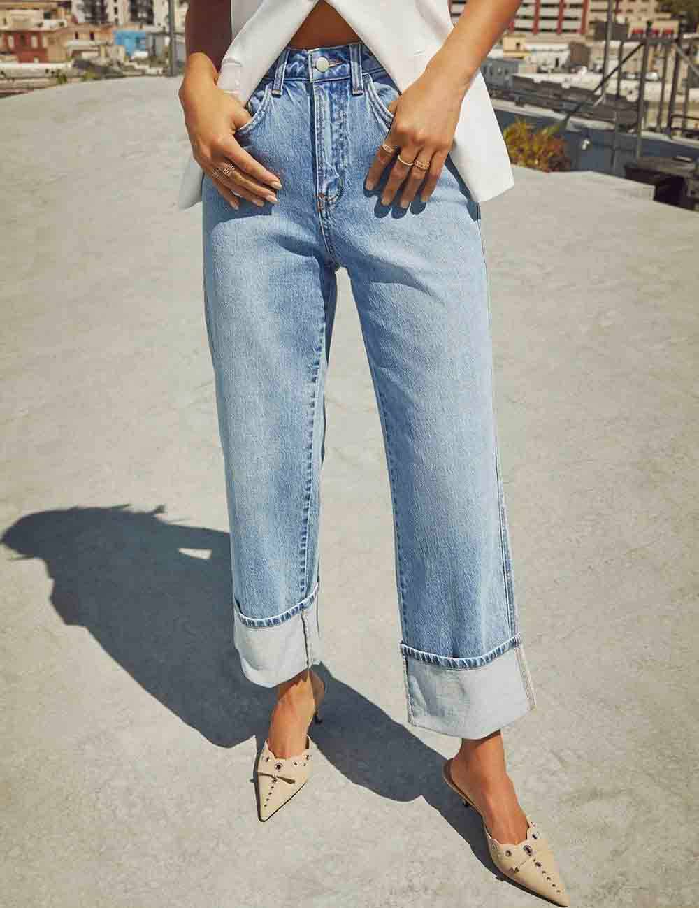 Ladies Rolled Hem Straight Leg Denim Pants