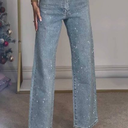 Ladies Rhinestone Button Pocket Straight Denim Pants