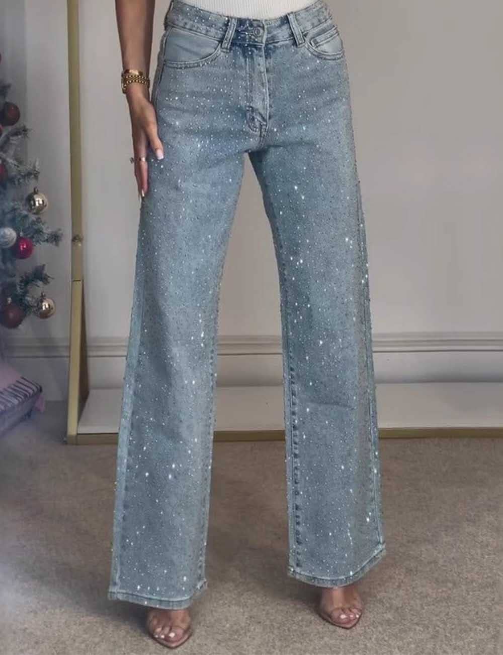 Ladies Rhinestone Button Pocket Straight Denim Pants