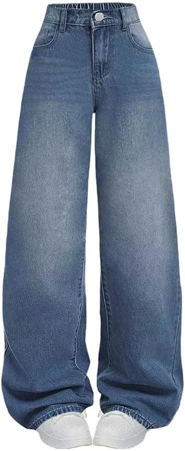 Tween Girls Wide Leg Jeans - Zipper Fly and Pockets, Elastic Waistband Cute Baggy Denim Pants for Girls Clothing