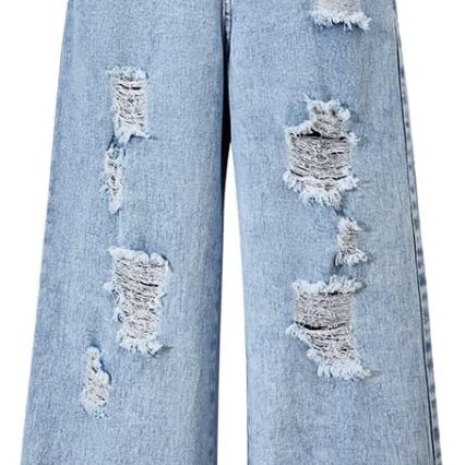 Girls Ripped Baggy Jeans - Elastic Waist Wide Leg Denim Pants with Pockets for Kids