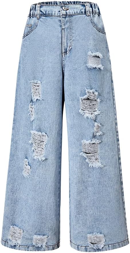 Girls Ripped Baggy Jeans - Elastic Waist Wide Leg Denim Pants with Pockets for Kids