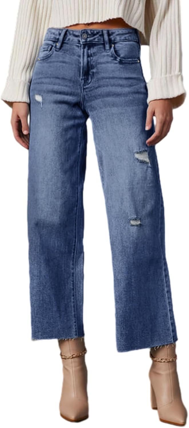 Women High Waist Baggy Jeans Wide Leg Casual Petite 2025 8 Points Length Stretch Denim Pants