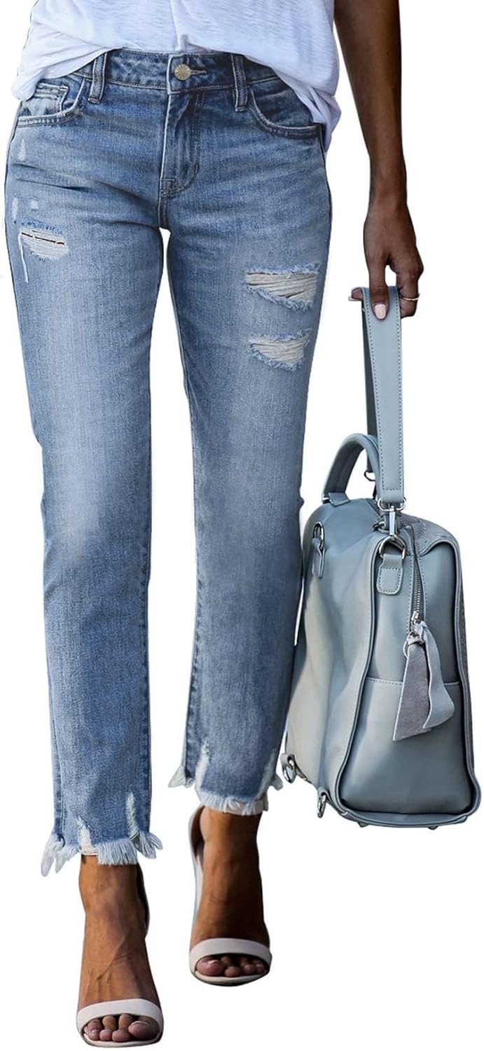 Women Jeans Mid Waisted Stretchy Ripped Distressed Tummy Control Straight Ankle Jean for Women Trendy 2025