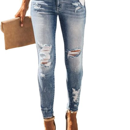 Women High Rise Skinny Stretch Ripped Jeans High Waisted Destroyed Denim Pants