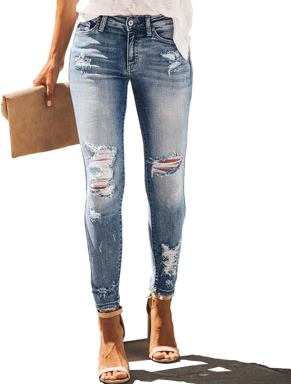 Women High Rise Skinny Stretch Ripped Jeans High Waisted Destroyed Denim Pants