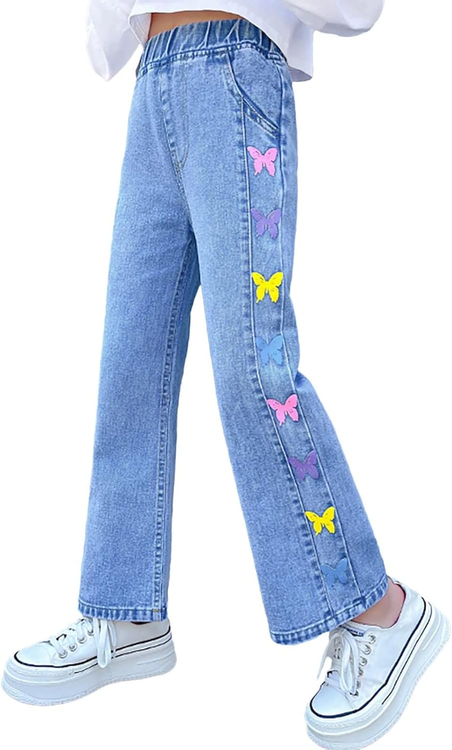 Girls Jeans Denim Elastic Wasit Wide Leg Baggy Pants Kids Clothes 4-14 Years