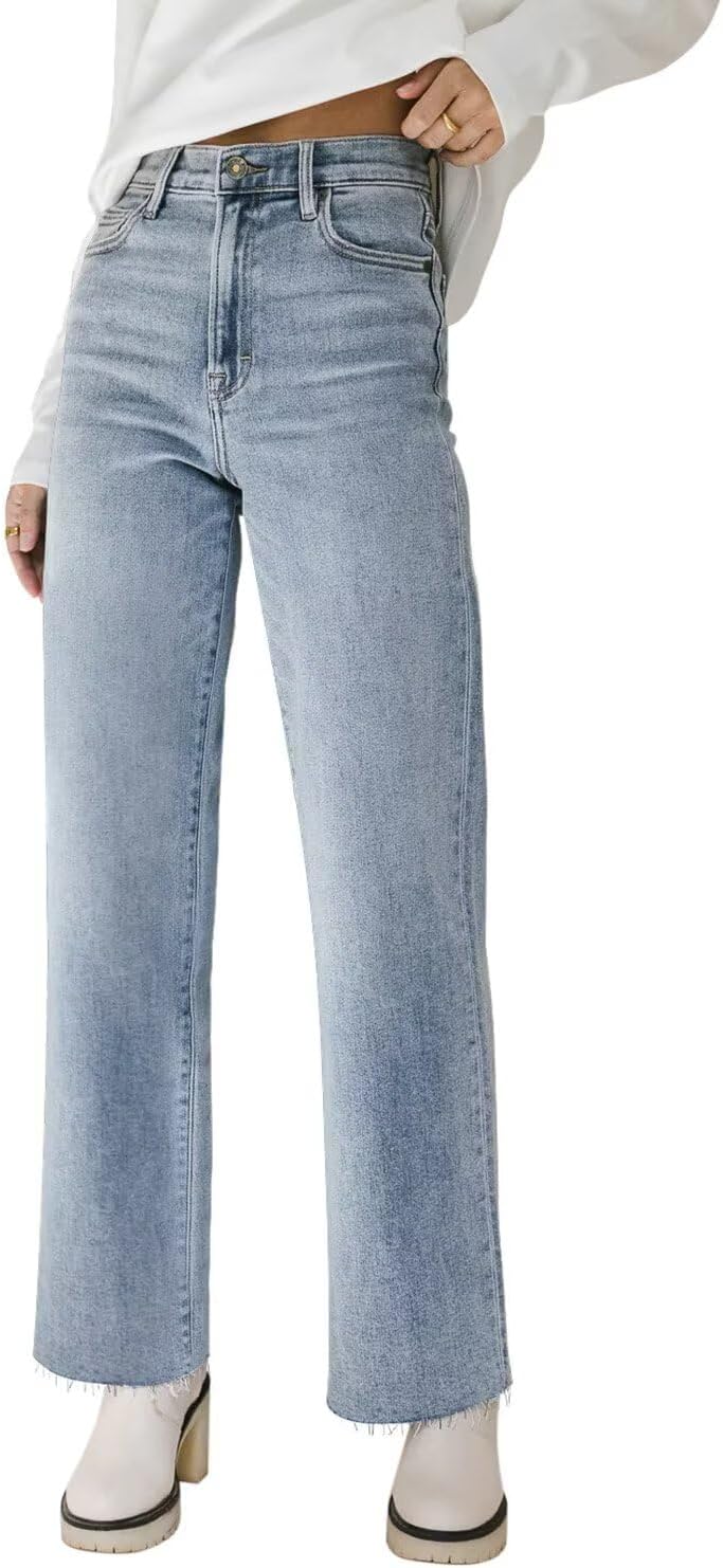 Straight Leg Jeans for Women High Waisted Jeans Frayed Baggy Pants Raw Hem Loose Stretchy Cropped Wide Leg Jeans