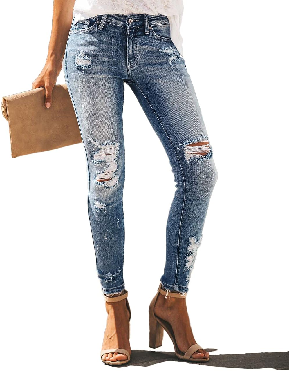 Women High Rise Skinny Stretch Ripped Jeans High Waisted Destroyed Denim Pants - Image 2