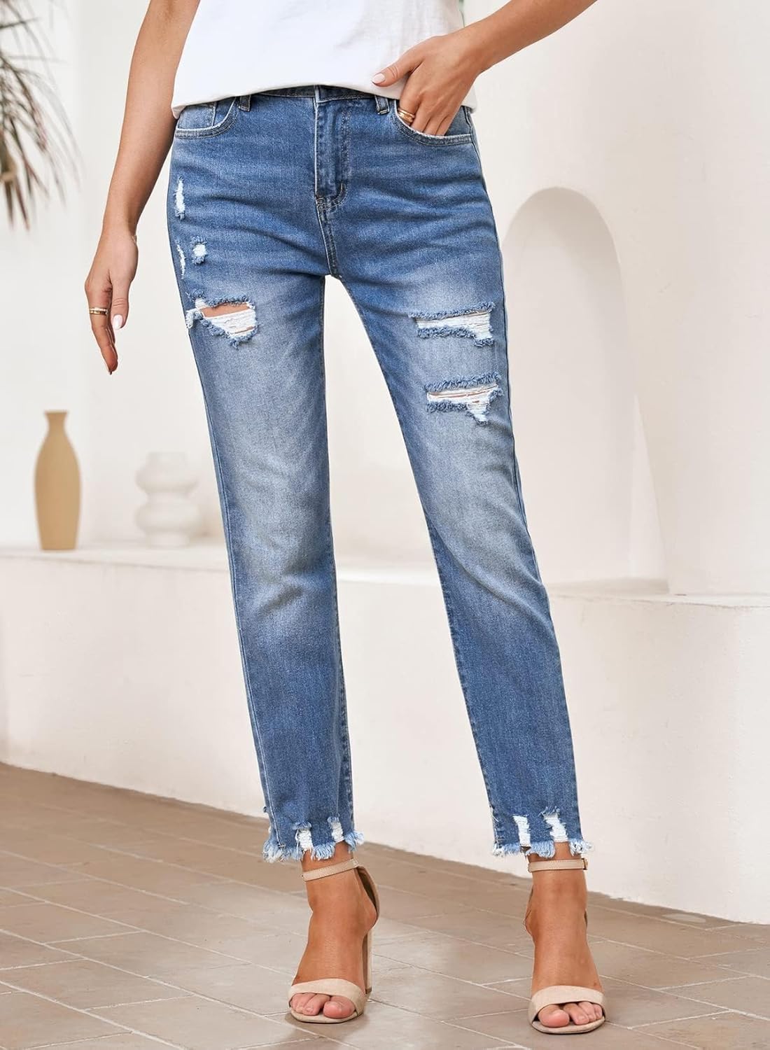 Women Jeans Mid Waisted Stretchy Ripped Distressed Tummy Control Straight Ankle Jean for Women Trendy 2025 - Image 2