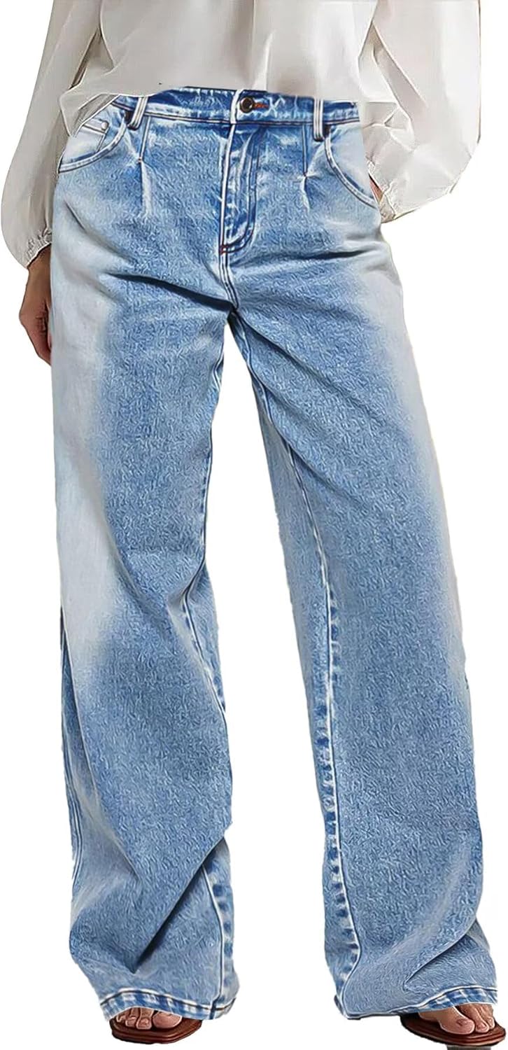 Wide Leg Jeans for Women Mid Waist Baggy Stitch Decor Denim Washed Pants Without Belt