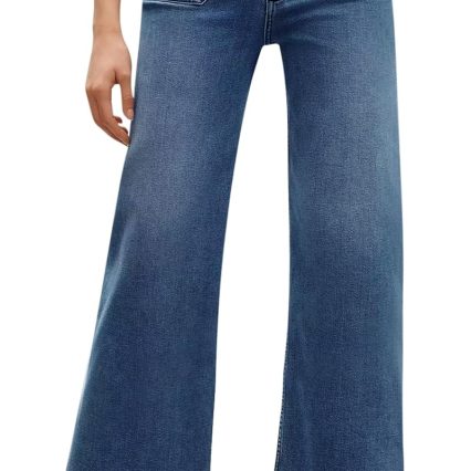 Women Loose Wide Leg Jeans High Waisted Flare Trendy Boyfriends Cotton Denim Pants with Front Patch Pockets