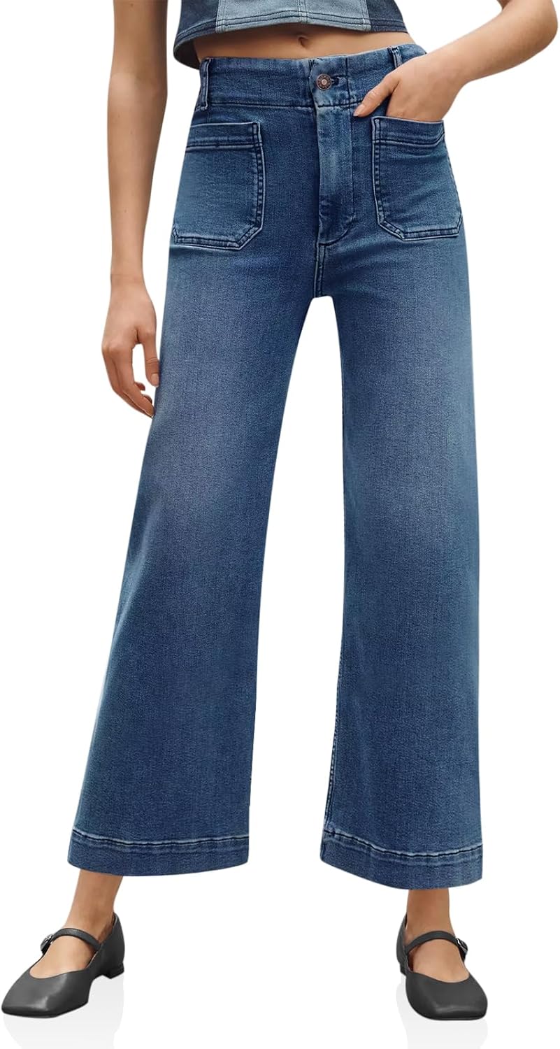 Women Loose Wide Leg Jeans High Waisted Flare Trendy Boyfriends Cotton Denim Pants with Front Patch Pockets