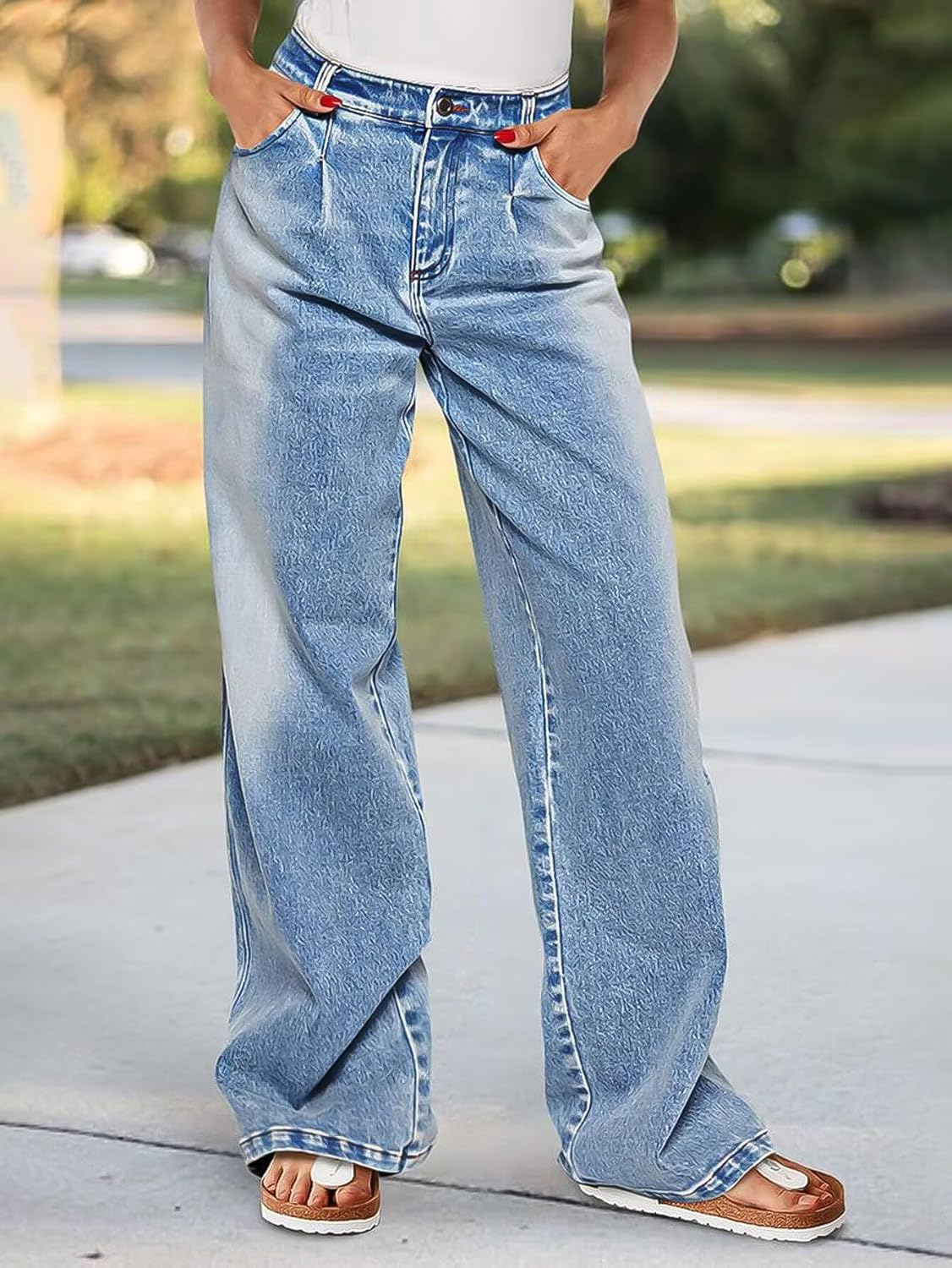 Wide Leg Jeans for Women Mid Waist Baggy Stitch Decor Denim Washed Pants Without Belt - Image 2