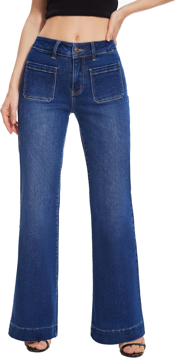 Women Flare High Waisted Bell Bottom Wide Leg Jeans Baggy Stretch Trendy Denim with Pockets