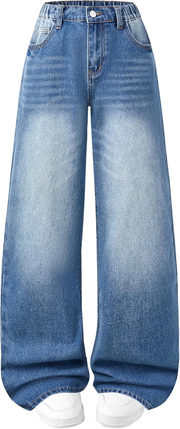 Jeans for Girls Baggy Wide Leg Cute Bow High Elastic Waisted Denim Pants Y2K Boyfriend Skater Streetwear 7-14Y