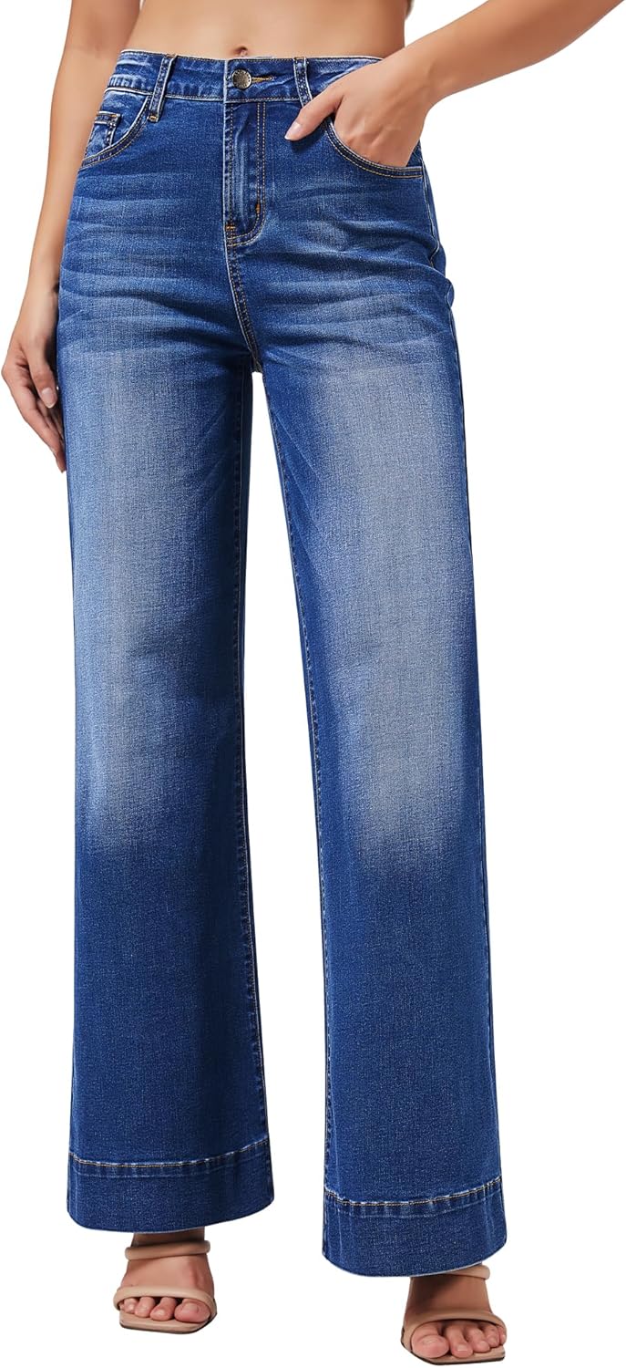 Women Wide Leg Jeans Casual High Waisted Stretchy Baggy Loose Long Trouser Jeans