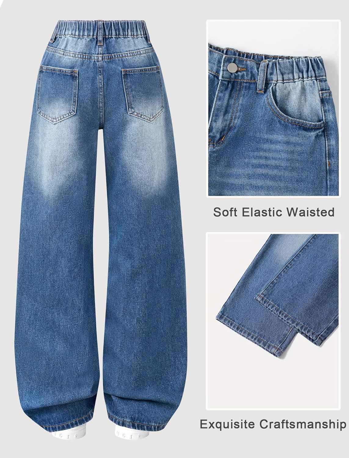 Jeans for Girls Baggy Wide Leg Cute Bow High Elastic Waisted Denim Pants Y2K Boyfriend Skater Streetwear 7-14Y - Image 2